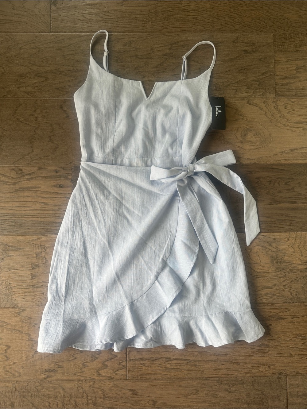 Lulu's Pale Blue Wrap Ruffle Mini Dress with Tie
